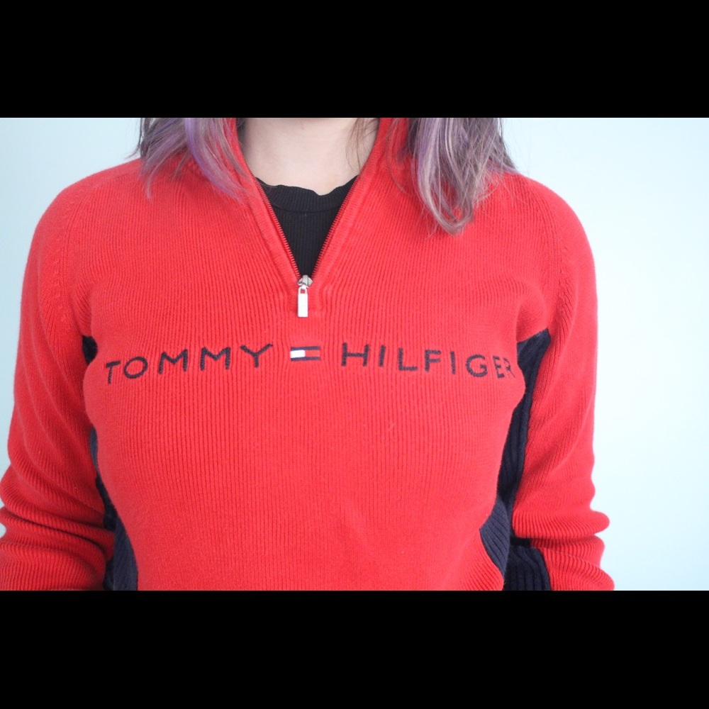 Tommy Hilfiger Name Sweater Blue/Red Quarter Zip